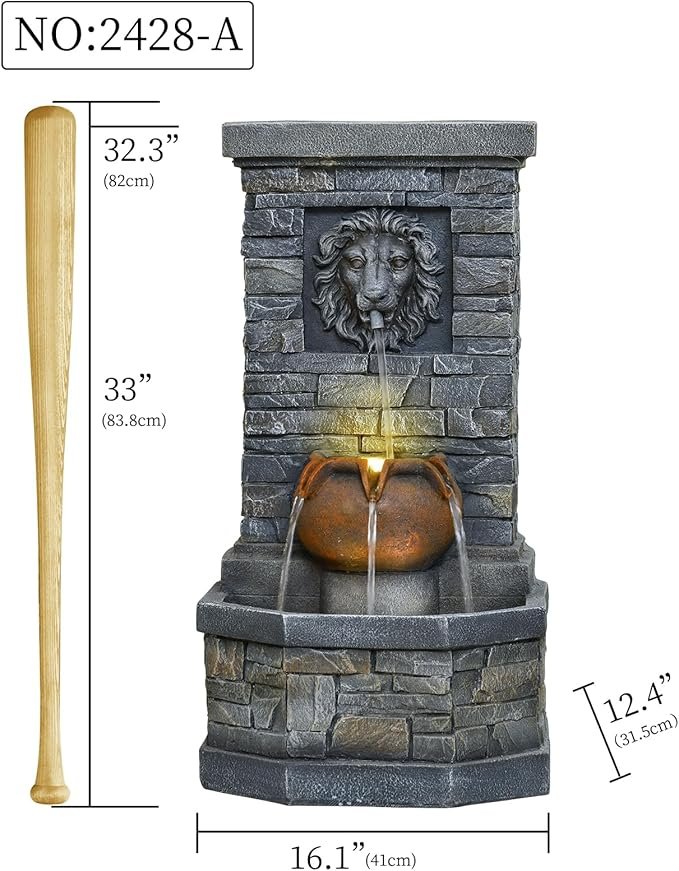 32.28'' Outdoor Garden Floor-Standing Water Fountain Lion Head Stone with Lights Outdoor Waterfall for Patio, Backyard, Deck, Porch and Home Art Decor - Image 4