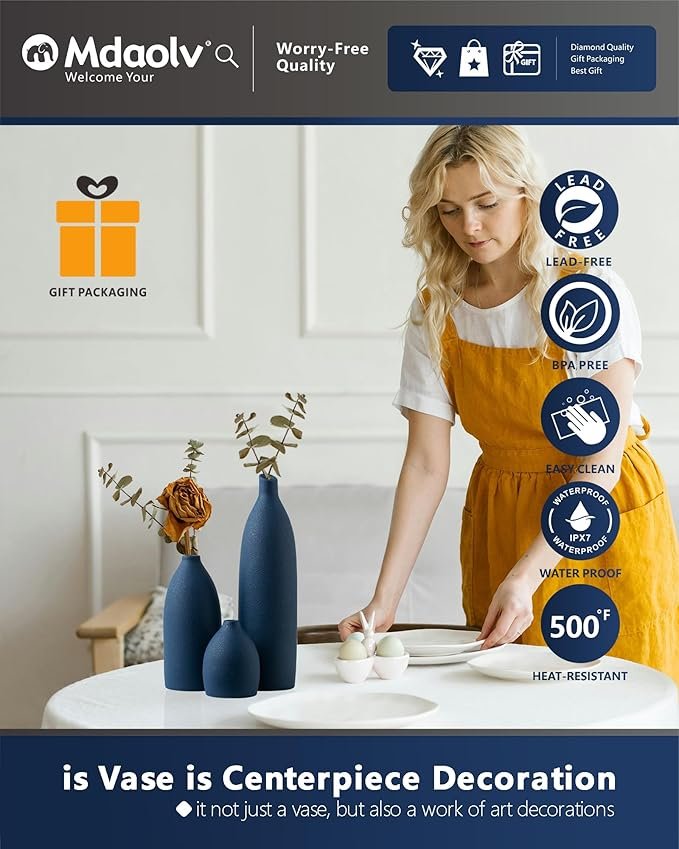 Matte Blue Vase Set Navy Blue Decor Coastal Decor Vases for Kitchen Island Living Room Office Table Fireplace Mantle Decorations & Bathroom Shelf Decor Centerpiece Table Decorations Ceramic - Image 3