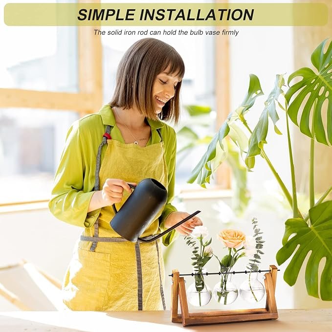 XXXFLOWER Plant Terrarium with Wooden Stand, Air Planter Bulb Glass Vase Metal Swivel Holder Retro Tabletop for Hydroponics Home Garden Office Decoration - 3 Bulb Vase - Image 4
