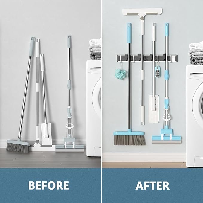 Holikme Mop Broom Holder Wall Mount Metal Pantry Organization and Storage Garden Kitchen Tool Organizer Wall Hanger for Home Goods (4 Positions with 4 Hooks, Black) - Image 4