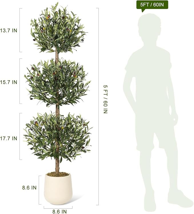 5FT Artificial Olive Triple Ball Topiary Trees with Moss & Inner Pot, Outdoor Indoor Realistic Fake Shrubs Trees, Faux Plants Round Bushes Fake Shrubs Potted for Home Offices Porch Decor Set of 1 - Image 2
