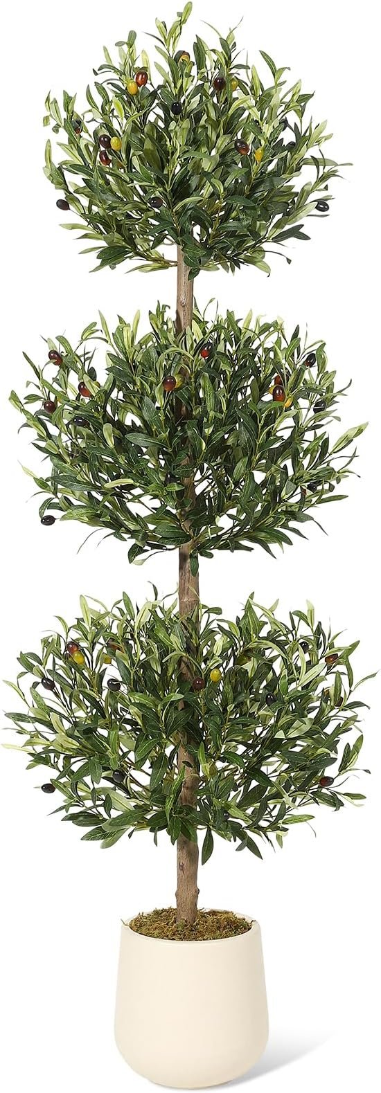 5FT Artificial Olive Triple Ball Topiary Trees with Moss & Inner Pot, Outdoor Indoor Realistic Fake Shrubs Trees, Faux Plants Round Bushes Fake Shrubs Potted for Home Offices Porch Decor Set of 1
