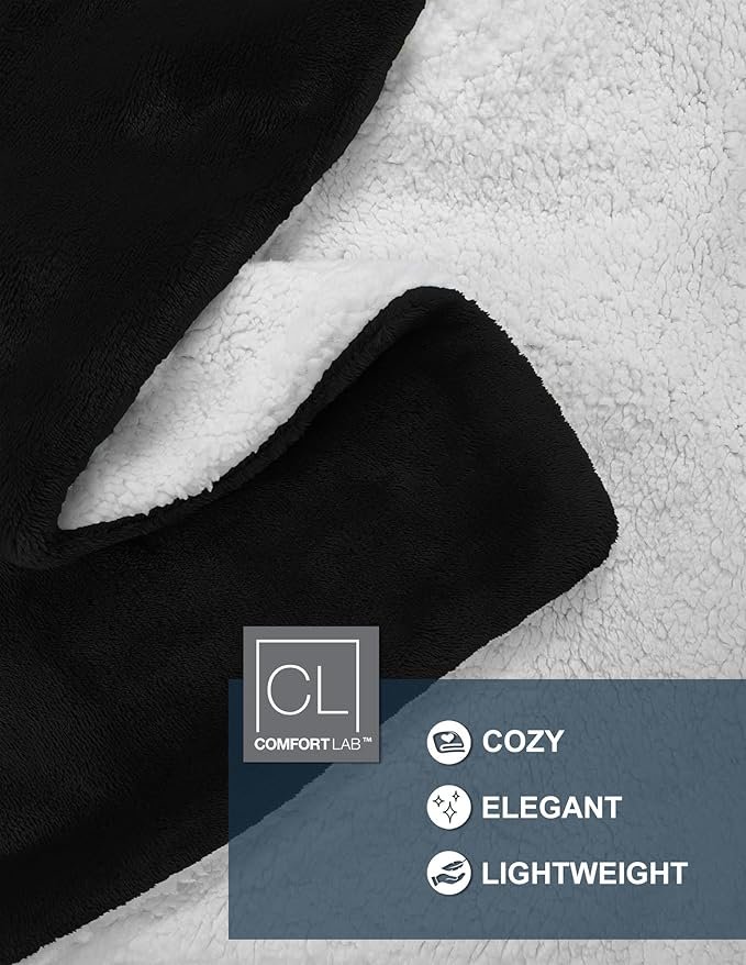 Comfort Lab Reversible Flannel Sherpa Blanket - Elegant Fluffy Bed Blankets for Bedroom and Home Decor - Anti Pilling Non Shedding Cozy & Warm Fleece Cover - Twin/Twin XL (66" x 90") - Black - Image 3