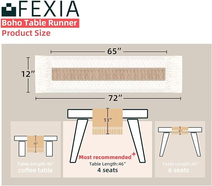 FEXIA Boho Table Runner for Summer Home Decor with Tassels 72 Inches Long Farmhouse Rustic Table Runner Macrame Burlap Table Decoration for Living Room Bridal Shower(12x72 Inches) - Image 5
