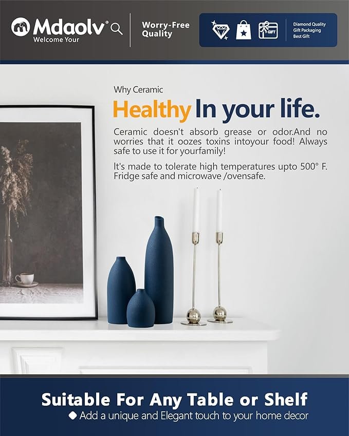 Matte Blue Vase Set Navy Blue Decor Coastal Decor Vases for Kitchen Island Living Room Office Table Fireplace Mantle Decorations & Bathroom Shelf Decor Centerpiece Table Decorations Ceramic - Image 4