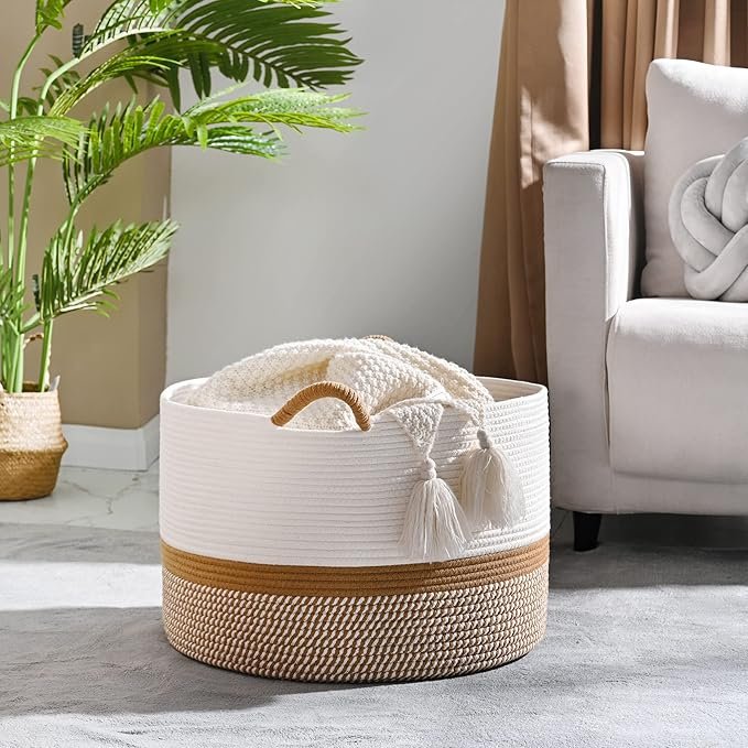 KAKAMAY Large Blanket Basket (20"x13"),Woven Baskets for storage Baby Laundry Hamper, Cotton Rope Blanket Basket for Living Room, Laundry, Nursery, Pillows, Baby Toy chest (White/Brown) - Image 2