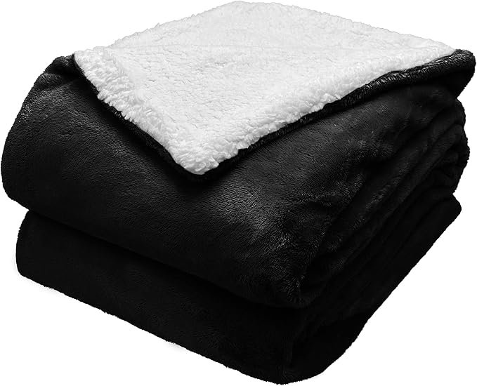 Comfort Lab Reversible Flannel Sherpa Blanket - Elegant Fluffy Bed Blankets for Bedroom and Home Decor - Anti Pilling Non Shedding Cozy & Warm Fleece Cover - Twin/Twin XL (66" x 90") - Black