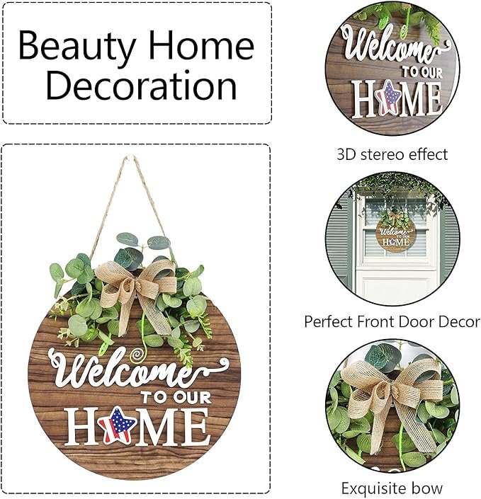 Interchangeable Seasonal Welcome Sign Front Door Decoration, Rustic Round Wood Wreaths Wall Hanging Outdoor, Farmhouse, Porch, for Spring Summer Fall All Seasons Holiday Halloween Christmas. - Image 2