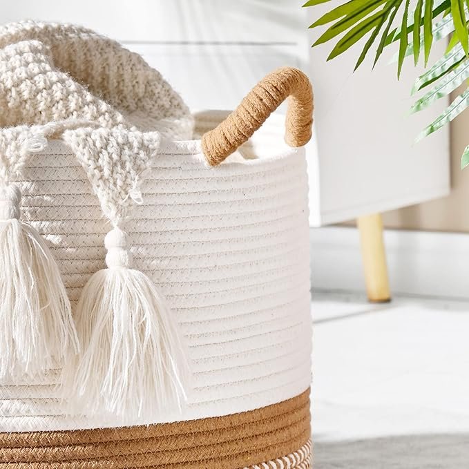 KAKAMAY Large Blanket Basket (20"x13"),Woven Baskets for storage Baby Laundry Hamper, Cotton Rope Blanket Basket for Living Room, Laundry, Nursery, Pillows, Baby Toy chest (White/Brown) - Image 4