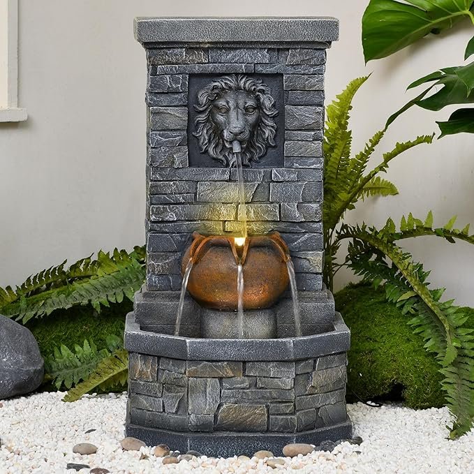32.28'' Outdoor Garden Floor-Standing Water Fountain Lion Head Stone with Lights Outdoor Waterfall for Patio, Backyard, Deck, Porch and Home Art Decor - Image 2