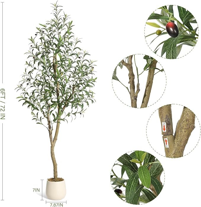 6FT Tall Olive Trees Artificial, Faux Olive Tree with Planter, Artificial Plants with Natural Wood Trunk and Lifelike Fruits for Home Office Decor, 2Pcs - Image 3