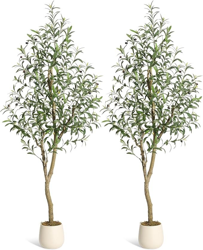 6FT Tall Olive Trees Artificial, Faux Olive Tree with Planter, Artificial Plants with Natural Wood Trunk and Lifelike Fruits for Home Office Decor, 2Pcs