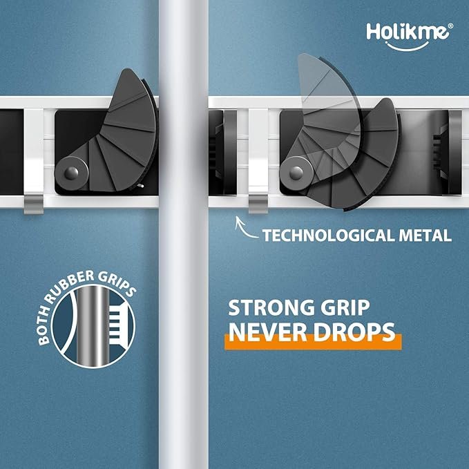 Holikme Mop Broom Holder Wall Mount Metal Pantry Organization and Storage Garden Kitchen Tool Organizer Wall Hanger for Home Goods (4 Positions with 4 Hooks, Black) - Image 3