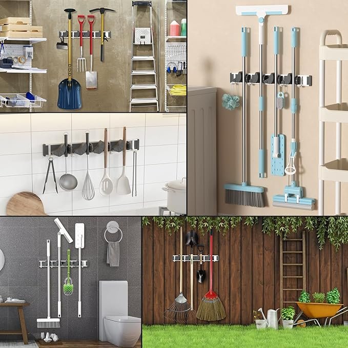 Holikme Mop Broom Holder Wall Mount Metal Pantry Organization and Storage Garden Kitchen Tool Organizer Wall Hanger for Home Goods (4 Positions with 4 Hooks, Black) - Image 5