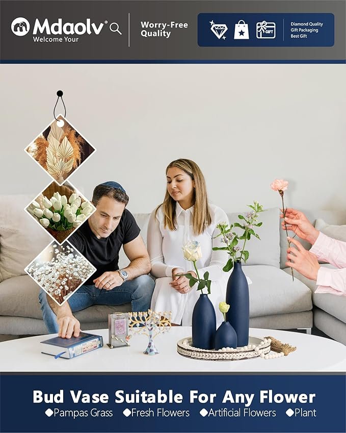 Matte Blue Vase Set Navy Blue Decor Coastal Decor Vases for Kitchen Island Living Room Office Table Fireplace Mantle Decorations & Bathroom Shelf Decor Centerpiece Table Decorations Ceramic - Image 2