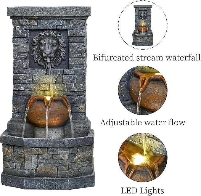 32.28'' Outdoor Garden Floor-Standing Water Fountain Lion Head Stone with Lights Outdoor Waterfall for Patio, Backyard, Deck, Porch and Home Art Decor - Image 5