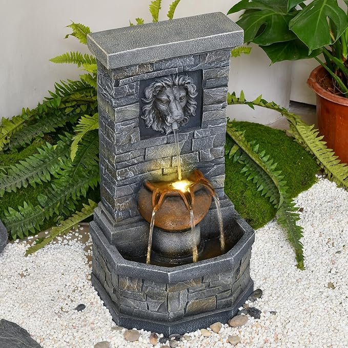 32.28'' Outdoor Garden Floor-Standing Water Fountain Lion Head Stone with Lights Outdoor Waterfall for Patio, Backyard, Deck, Porch and Home Art Decor - Image 3